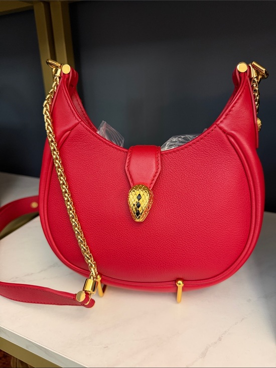 BVLGARI Handbags - Bulgari Red Leather Shoulder Bag with Gold Serpent Detail